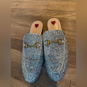 GUCCI Silver Glitter Horsebit Backless Loafers 36.5